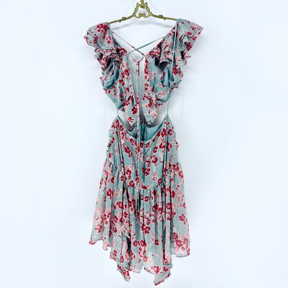 RoseVelvet Floral Ruffle Dress Sage/Pink Combo Open Sides - Picture 2 of 6